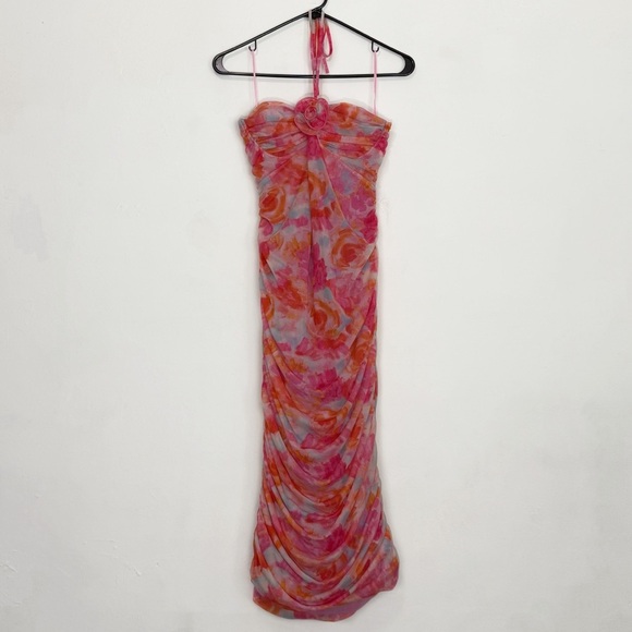 Zara Blogger Favorite Printed Tulle Floral Halter Sheer Dress, Pink Orange sz L - Picture 2 of 10